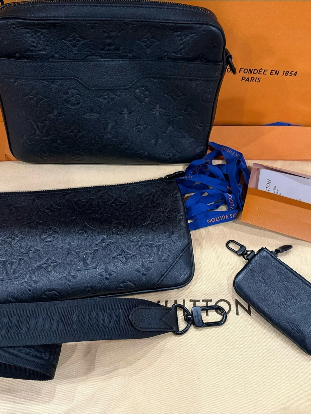 Louis Vuitton Black Embossed Monogram Messenger Set with Strap and Pouch